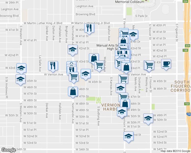 map of restaurants, bars, coffee shops, grocery stores, and more near 1212 West Vernon Avenue in Los Angeles