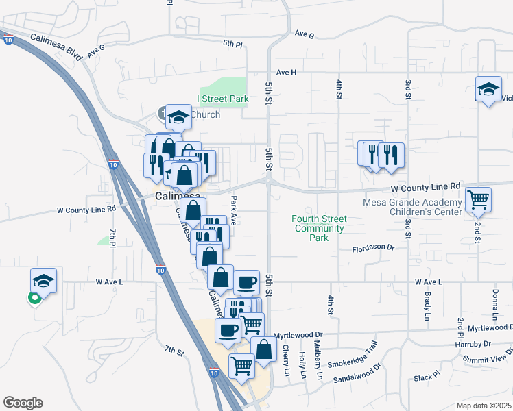 map of restaurants, bars, coffee shops, grocery stores, and more near 520 Erwin Street in Calimesa
