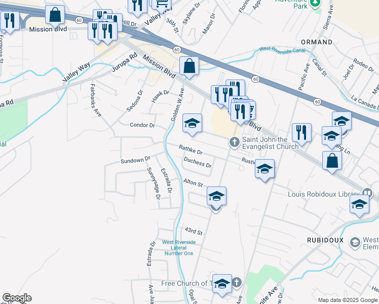 map of restaurants, bars, coffee shops, grocery stores, and more near 6416 Rathke Drive in Riverside