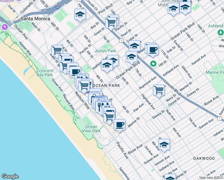 map of restaurants, bars, coffee shops, grocery stores, and more near 2635 4th Street in Santa Monica