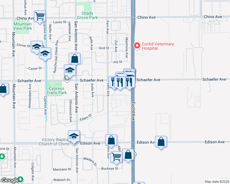 map of restaurants, bars, coffee shops, grocery stores, and more near 6939 Schaefer Avenue in Chino