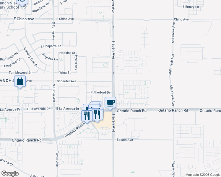 map of restaurants, bars, coffee shops, grocery stores, and more near 3461 Pine Ridge Loop in Ontario