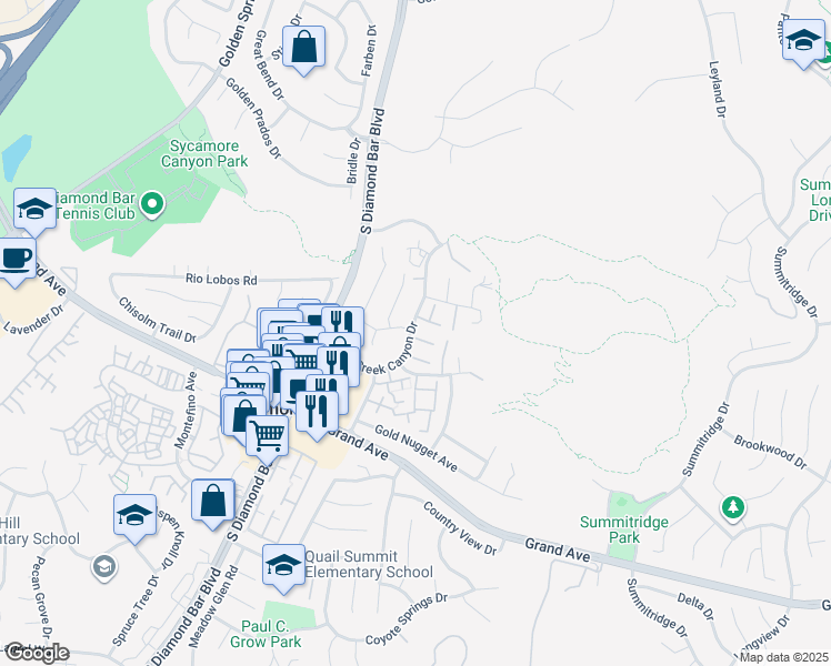 map of restaurants, bars, coffee shops, grocery stores, and more near 23552 Rapid Brook Road in Diamond Bar
