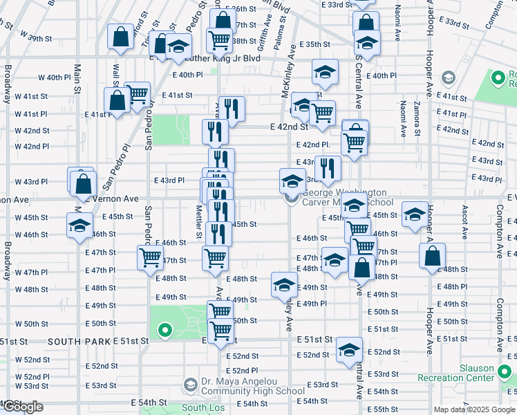 map of restaurants, bars, coffee shops, grocery stores, and more near 716 East Vernon Avenue in Los Angeles