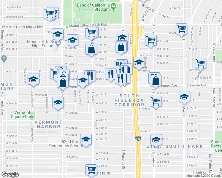 map of restaurants, bars, coffee shops, grocery stores, and more near 532 West Vernon Avenue in Los Angeles