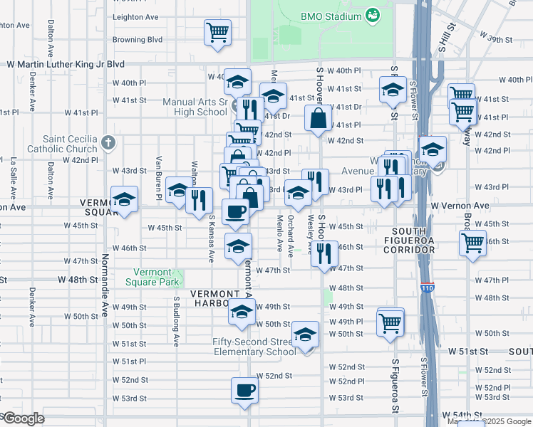 map of restaurants, bars, coffee shops, grocery stores, and more near 936 West Vernon Avenue in Los Angeles
