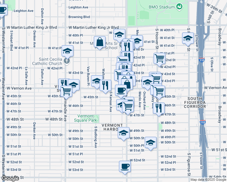 map of restaurants, bars, coffee shops, grocery stores, and more near 1038 West Vernon Avenue in Los Angeles