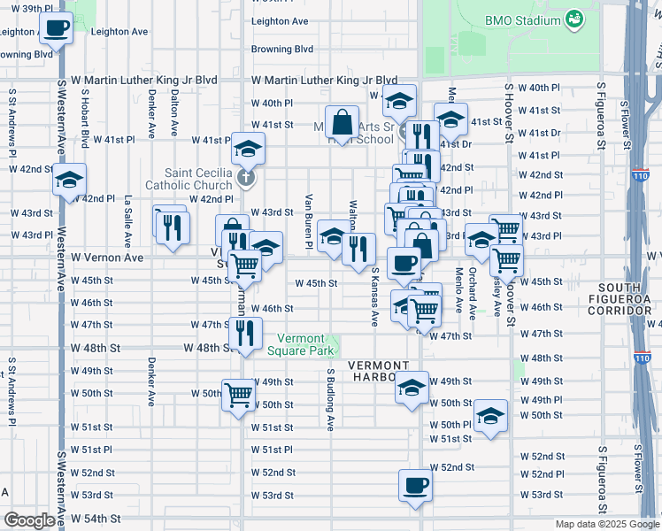map of restaurants, bars, coffee shops, grocery stores, and more near 1200 West Vernon Avenue in Los Angeles