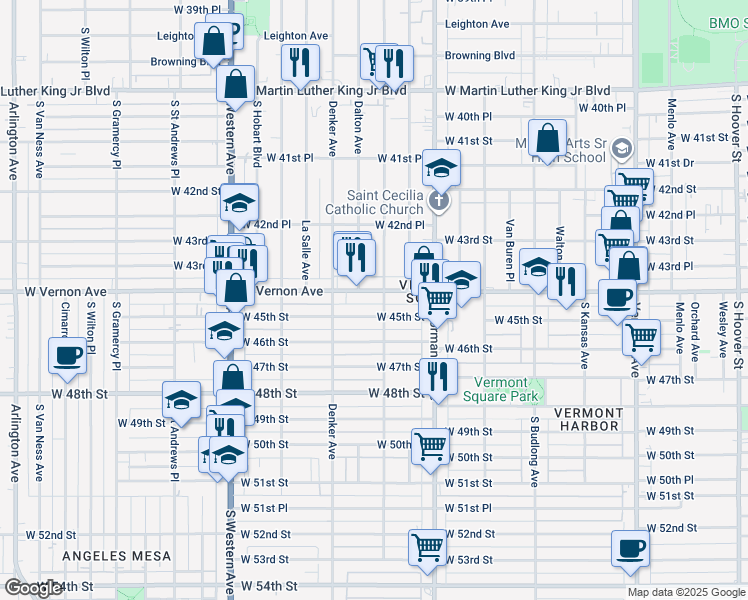 map of restaurants, bars, coffee shops, grocery stores, and more near 1500 West Vernon Avenue in Los Angeles