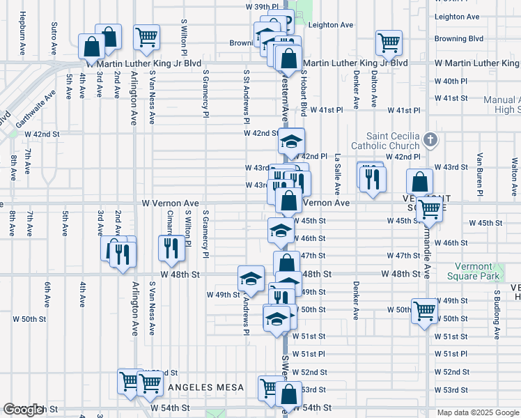 map of restaurants, bars, coffee shops, grocery stores, and more near 1756 West Vernon Avenue in Los Angeles