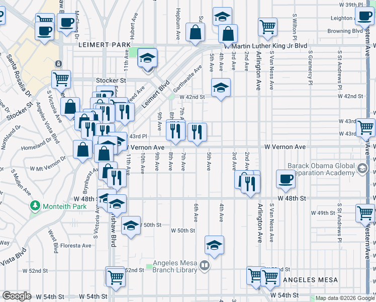 map of restaurants, bars, coffee shops, grocery stores, and more near 2838 West Vernon Avenue in Los Angeles