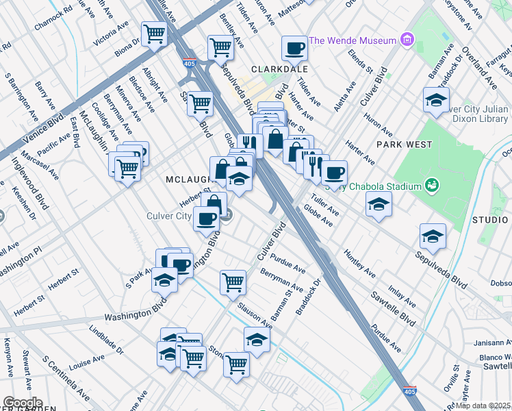 map of restaurants, bars, coffee shops, grocery stores, and more near 4250 Sawtelle Boulevard in Los Angeles