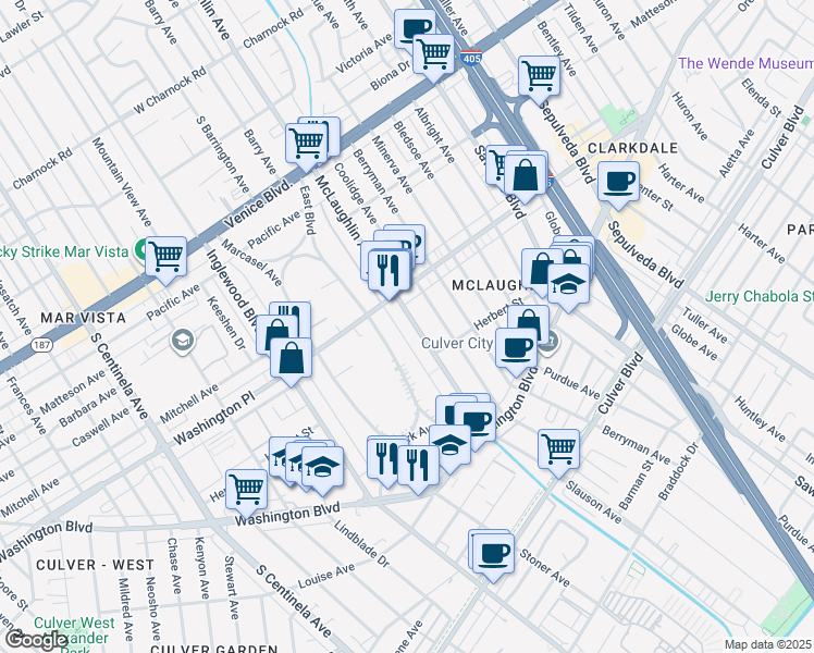 map of restaurants, bars, coffee shops, grocery stores, and more near 4038 McLaughlin Avenue in Los Angeles