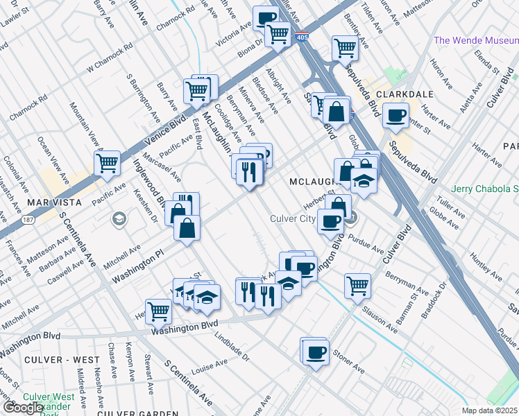 map of restaurants, bars, coffee shops, grocery stores, and more near 4038 McLaughlin Avenue in Los Angeles