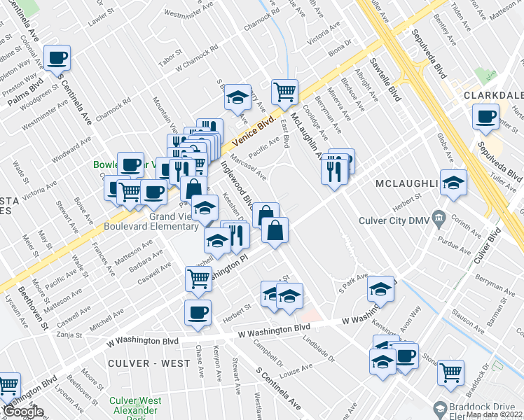 map of restaurants, bars, coffee shops, grocery stores, and more near 3944 Inglewood Boulevard in Los Angeles