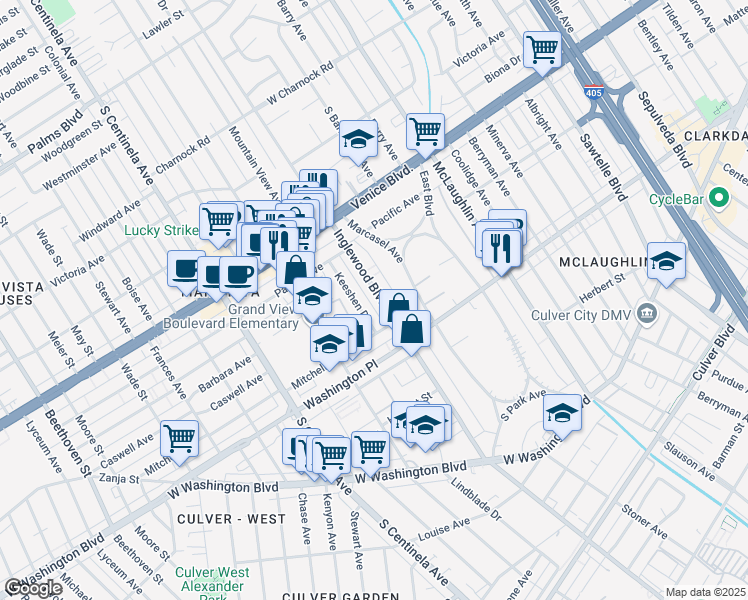 map of restaurants, bars, coffee shops, grocery stores, and more near 3944 Inglewood Boulevard in Los Angeles