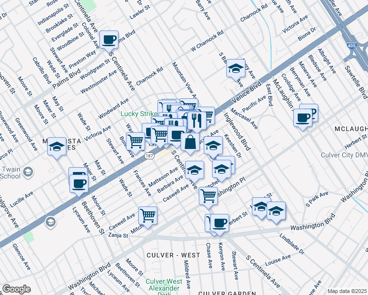 map of restaurants, bars, coffee shops, grocery stores, and more near 12317 Pacific Avenue in Los Angeles