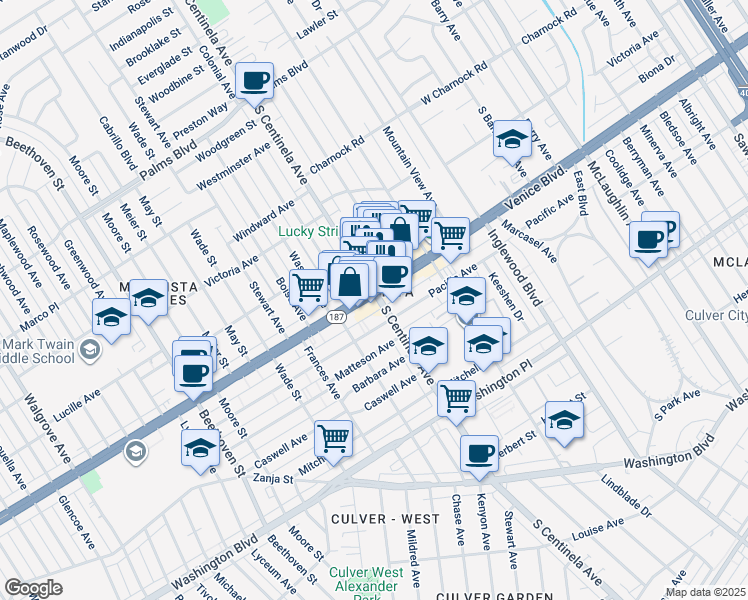 map of restaurants, bars, coffee shops, grocery stores, and more near in Los Angeles