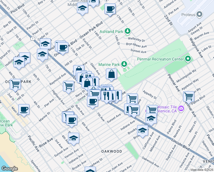 map of restaurants, bars, coffee shops, grocery stores, and more near 1120 Ozone Avenue in Santa Monica