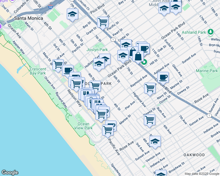 map of restaurants, bars, coffee shops, grocery stores, and more near 504 Hill Street in Santa Monica