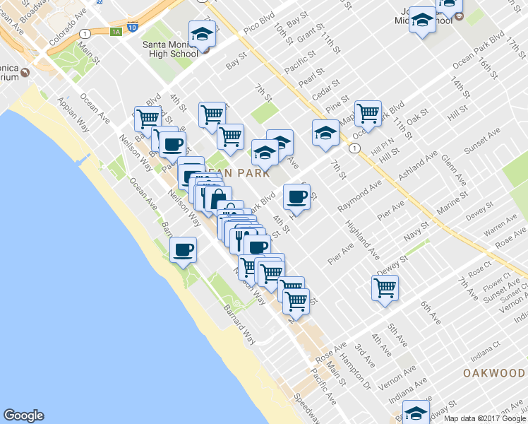 map of restaurants, bars, coffee shops, grocery stores, and more near in Santa Monica