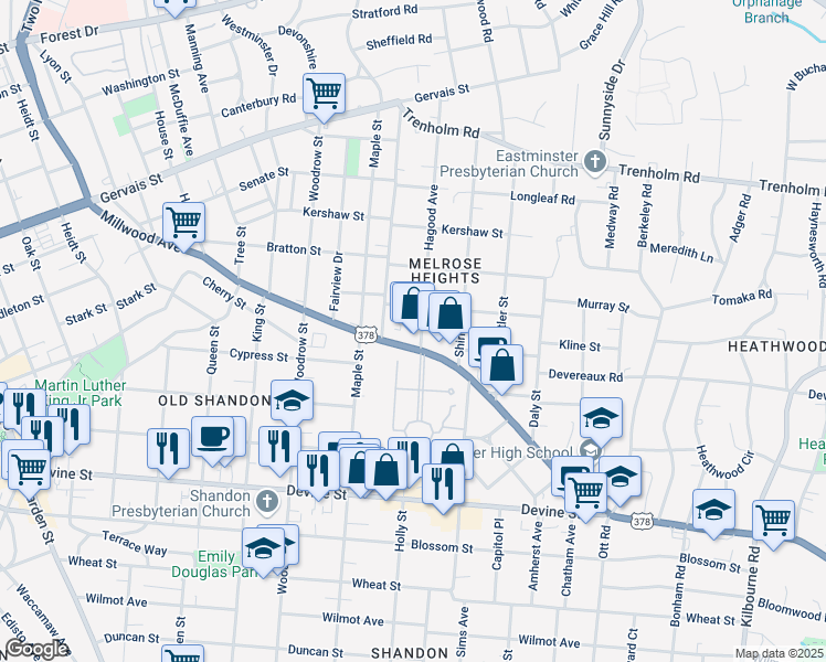 map of restaurants, bars, coffee shops, grocery stores, and more near 2821 U.S. 378 in Columbia