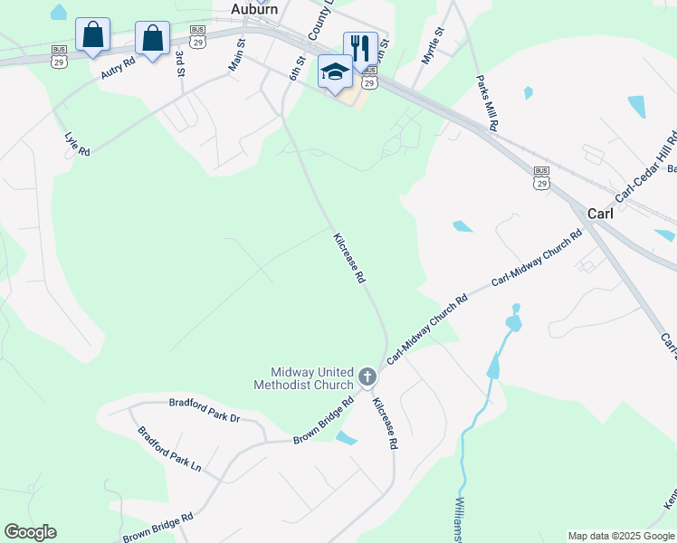 map of restaurants, bars, coffee shops, grocery stores, and more near 139 6th Street in Auburn