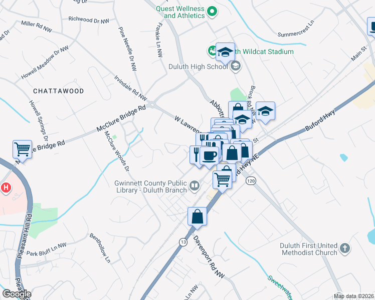 map of restaurants, bars, coffee shops, grocery stores, and more near 3612 Ridge Town Drive in Duluth