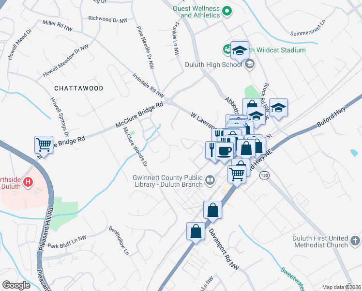 map of restaurants, bars, coffee shops, grocery stores, and more near 3730 Montrose Pond Walk in Duluth