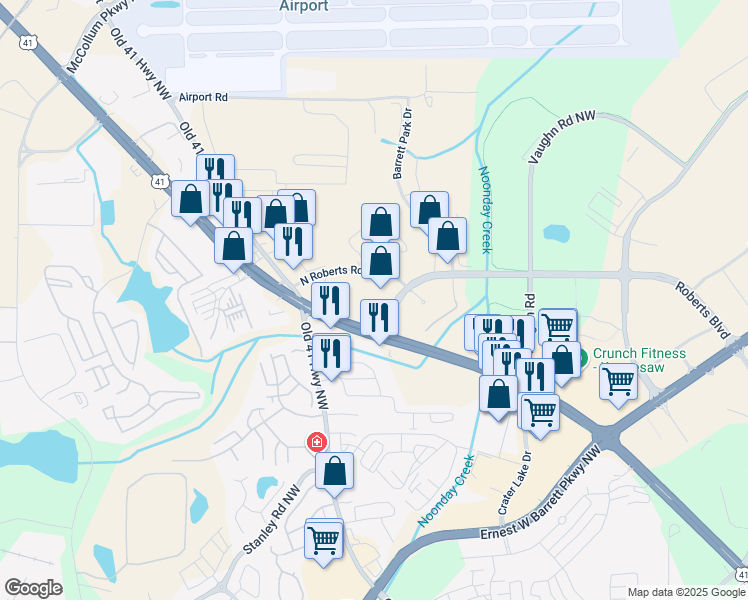 map of restaurants, bars, coffee shops, grocery stores, and more near 1690 Roberts Boulevard in Kennesaw