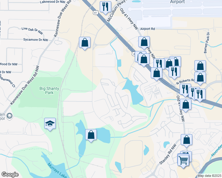 map of restaurants, bars, coffee shops, grocery stores, and more near 2250 Ellison Lakes Drive in Kennesaw