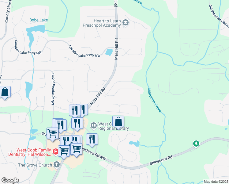 map of restaurants, bars, coffee shops, grocery stores, and more near 4980 Pleasantry Way Northwest in Acworth