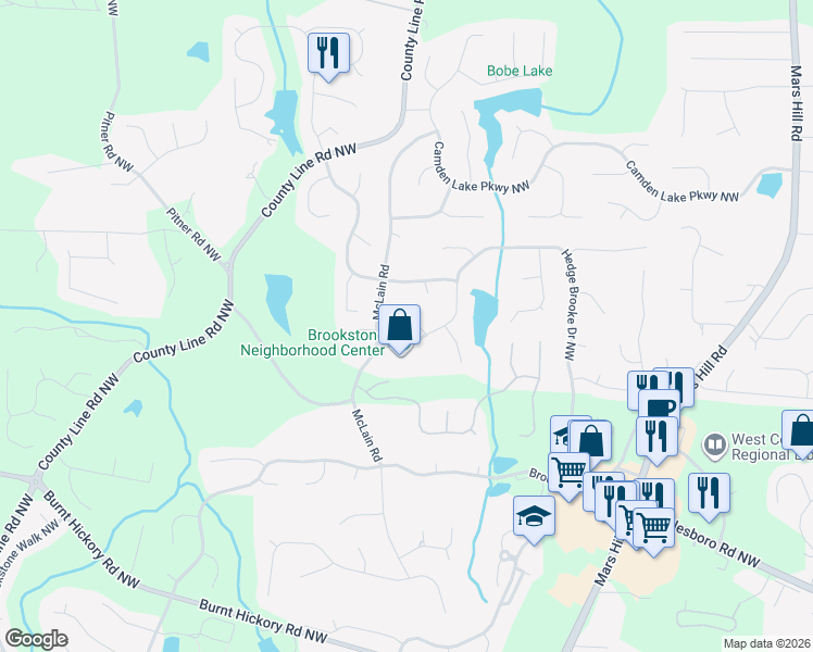 map of restaurants, bars, coffee shops, grocery stores, and more near 1913 Hedge Brooke Court Northwest in Acworth