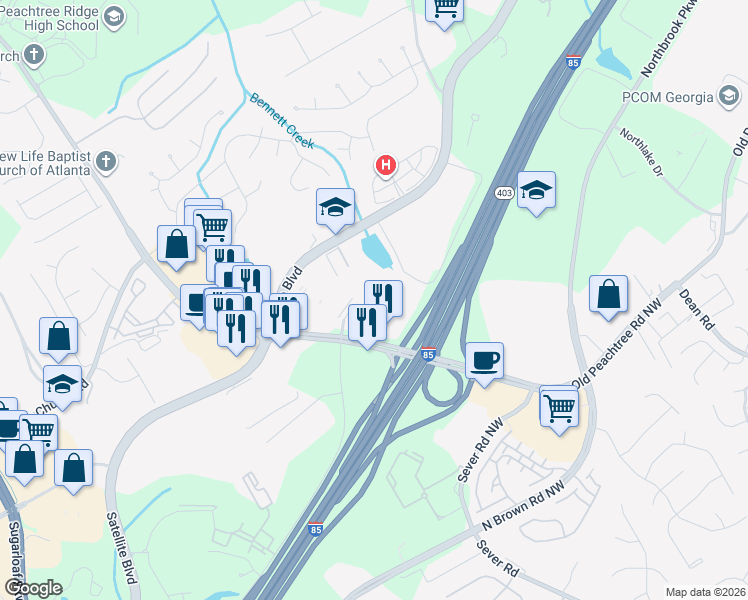 map of restaurants, bars, coffee shops, grocery stores, and more near 1460 Distribution Drive in Suwanee