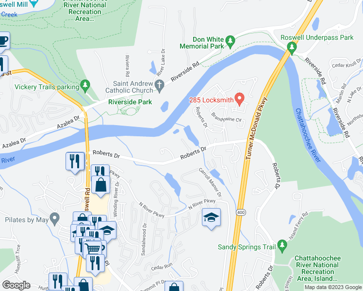 map of restaurants, bars, coffee shops, grocery stores, and more near 230 Rivermere Way in Atlanta