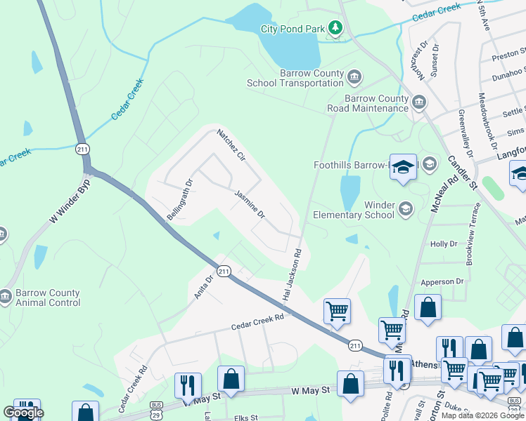 map of restaurants, bars, coffee shops, grocery stores, and more near 437 Jasmine Drive in Winder