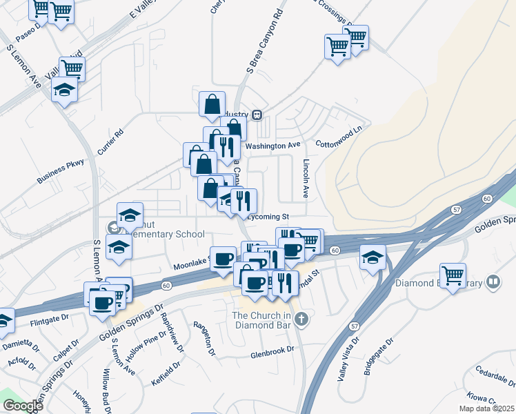 map of restaurants, bars, coffee shops, grocery stores, and more near 877 Silver Fir Road in Walnut