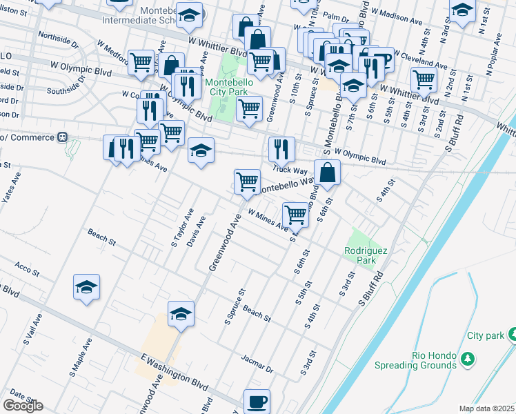 map of restaurants, bars, coffee shops, grocery stores, and more near 862 West Mines Avenue in Montebello