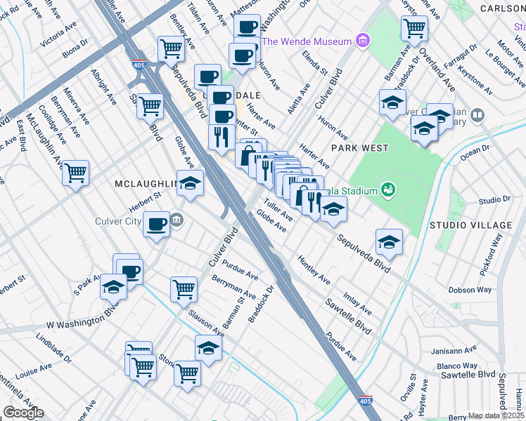 map of restaurants, bars, coffee shops, grocery stores, and more near 4320 Globe Avenue in Culver City