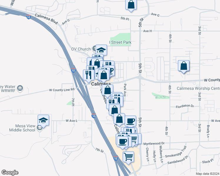 map of restaurants, bars, coffee shops, grocery stores, and more near 912 Avenue B in Calimesa