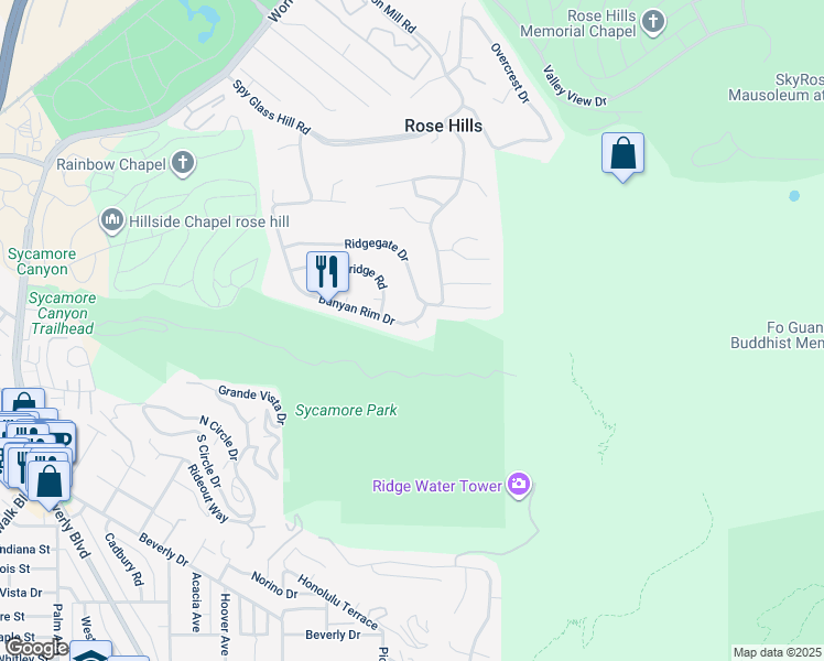 map of restaurants, bars, coffee shops, grocery stores, and more near 4803 Cinco View Drive in Whittier
