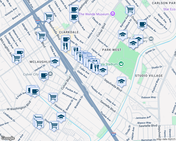 map of restaurants, bars, coffee shops, grocery stores, and more near 4347 Sepulveda Boulevard in Culver City