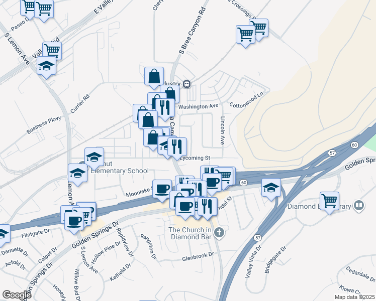 map of restaurants, bars, coffee shops, grocery stores, and more near 877 Silver Fir Road in Walnut
