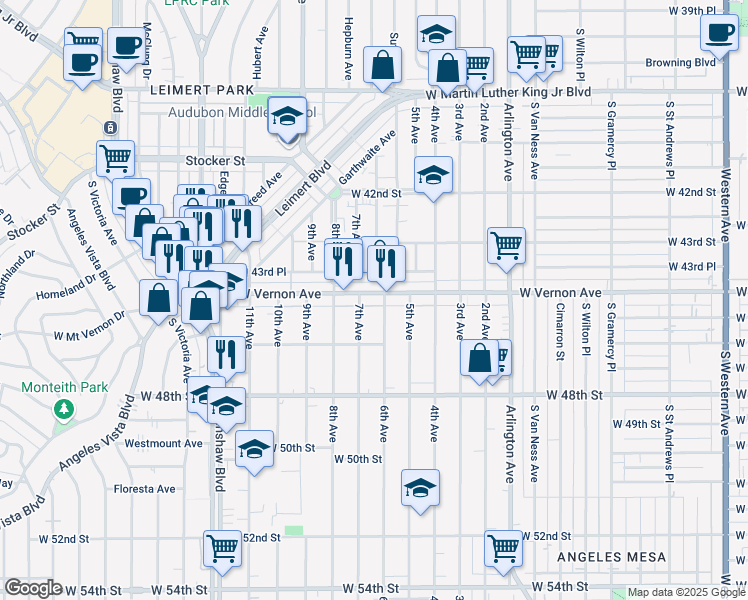 map of restaurants, bars, coffee shops, grocery stores, and more near 2810 West Vernon Avenue in Los Angeles