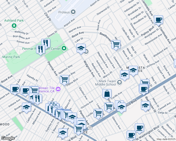 map of restaurants, bars, coffee shops, grocery stores, and more near 1385 Palms Boulevard in Los Angeles