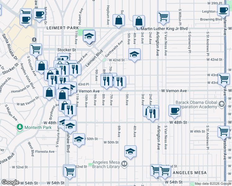 map of restaurants, bars, coffee shops, grocery stores, and more near 2810 West Vernon Avenue in Los Angeles