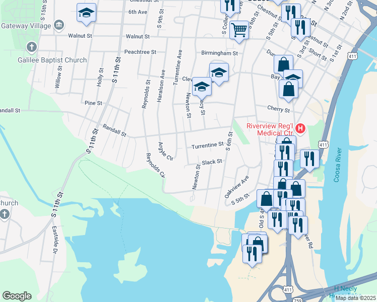 map of restaurants, bars, coffee shops, grocery stores, and more near 652 Turrentine Street in Gadsden