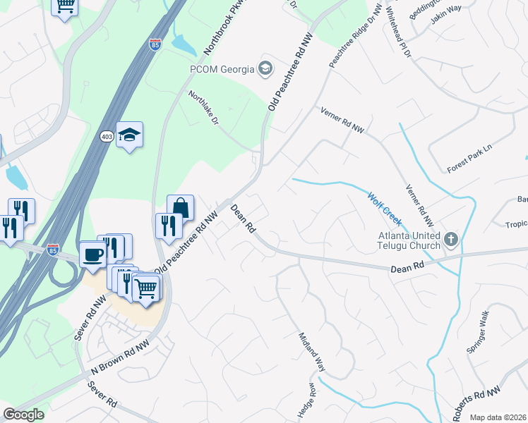 map of restaurants, bars, coffee shops, grocery stores, and more near 2397 Birkhall Way Northwest in Lawrenceville