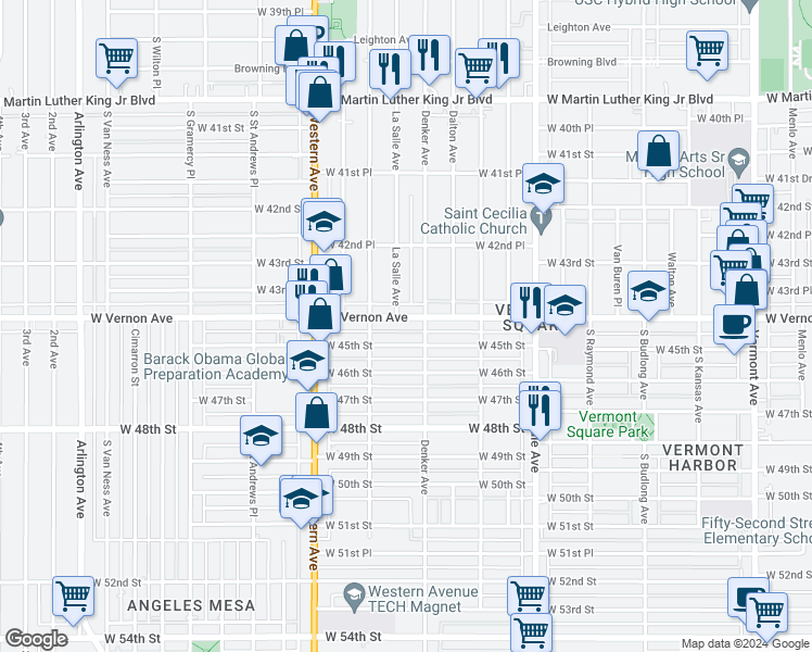 map of restaurants, bars, coffee shops, grocery stores, and more near 1552 West Vernon Avenue in Los Angeles