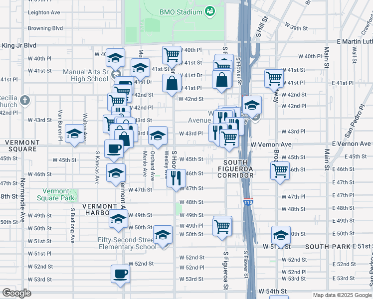 map of restaurants, bars, coffee shops, grocery stores, and more near 702 West Vernon Avenue in Los Angeles